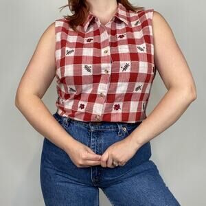 Vintage 90s XL Floral Embroidered Gingham Print Sleeveless Button Down Blouse